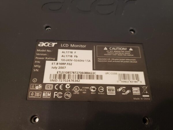 17 inch Acer AL1716 Fb SXGA 1280 x 1024 5 ms D-Sub LCD Monitor