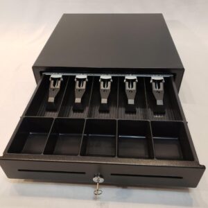 APG Standard- Duty 16” Electronic Point of Sale Cash Drawer | Vasario Series VB320-BL1616 | Printer Compatible | Plastic Till with 5 Bill/ 5 Coin Compartments | Black