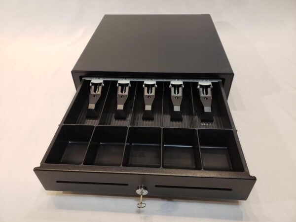 APG Standard- Duty 16” Electronic Point of Sale Cash Drawer | Vasario Series VB320-BL1616 | Printer Compatible | Plastic Till with 5 Bill/ 5 Coin Compartments | Black