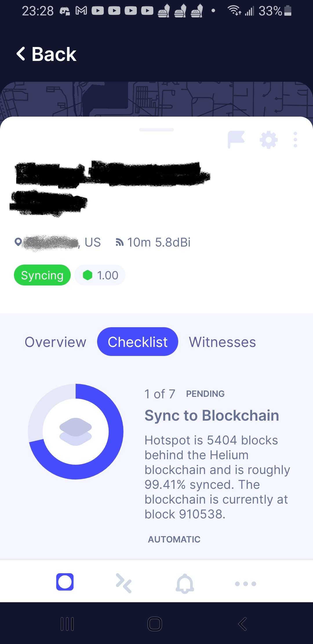 Hotspot is 5403 blocks behind the Helium blockchain and is roughly 99.41% synced. The blockchain is currently at block 910538