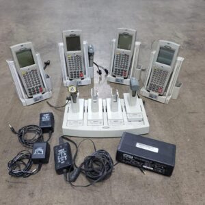 Lot of 4 Symbol PDT-6840 Portable Data Terminal Barcode Scanners + 4x Symbol CBU 3865 59942-01-00 21-32665-02 Single Slot Charger Cradle + 4 Slot Battery Charger Station 20-33569-01 + Symbol SYM04-2 p/n 50-14001-008 Power Supply Adapter