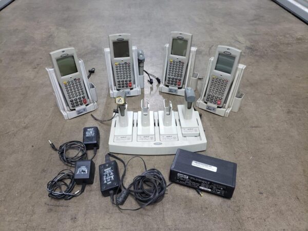 Lot of 4 Symbol PDT-6840 Portable Data Terminal Barcode Scanners + 4x Symbol CBU 3865 59942-01-00 21-32665-02 Single Slot Charger Cradle + 4 Slot Battery Charger Station 20-33569-01 + Symbol SYM04-2 p/n 50-14001-008 Power Supply Adapter