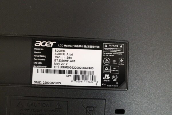 Acer S200HL 20" 1600x900 16:9 Widescreen LED Backlit LCD Monitor - Image 9