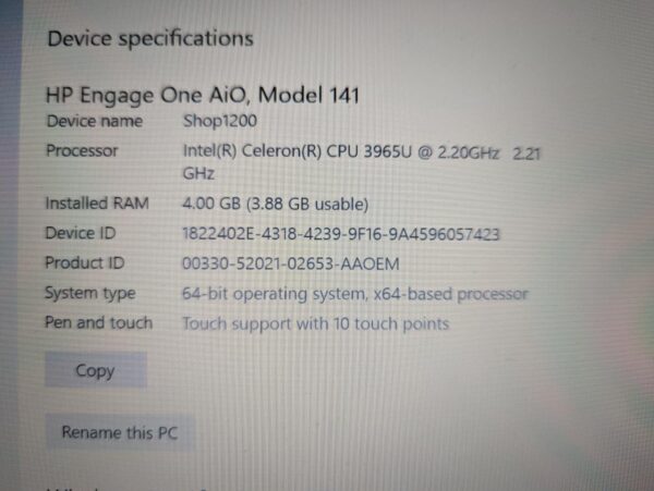 HP Engage One All-in-One System: Intel Core Celeron 3965U, 2.2 GHz, 2 MB cache, 2 cores